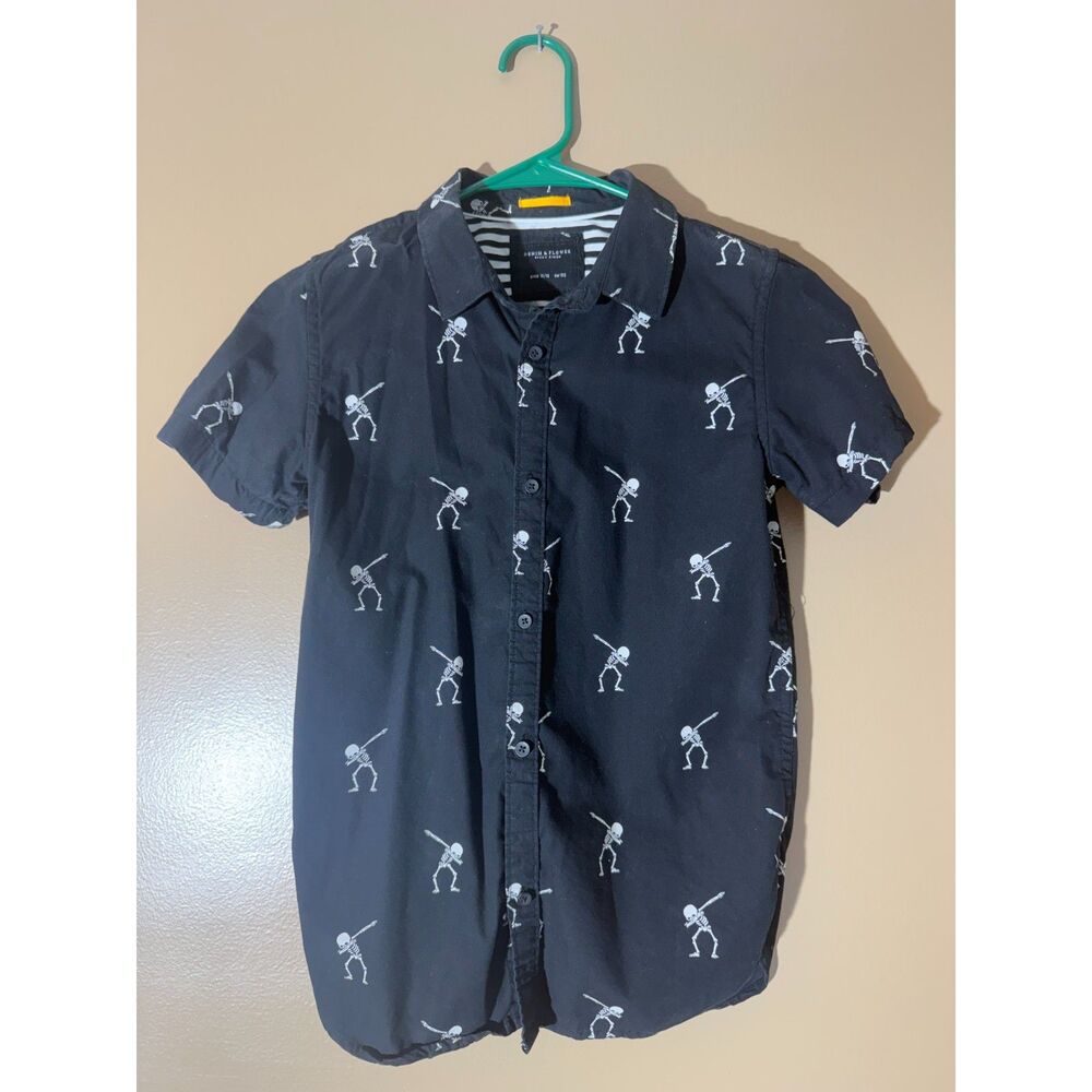 Boys Denim & Flower Skeleton Button Up Shirt Size 11/12 Halloween